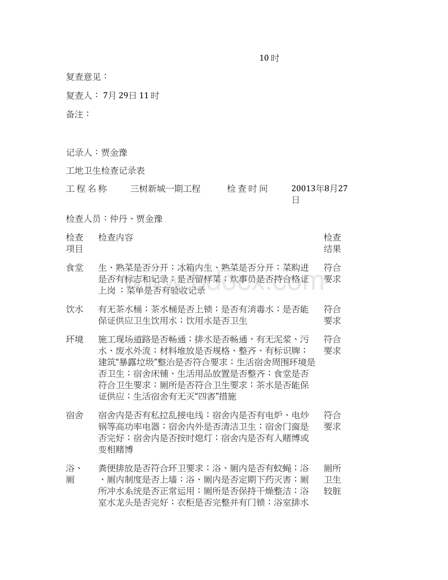 工地卫生检查记录表Word文档下载推荐.docx_第2页