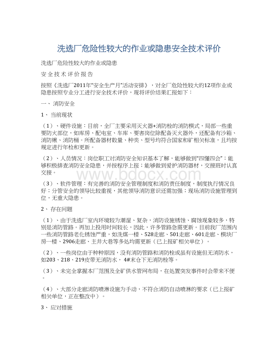 洗选厂危险性较大的作业或隐患安全技术评价Word文档格式.docx