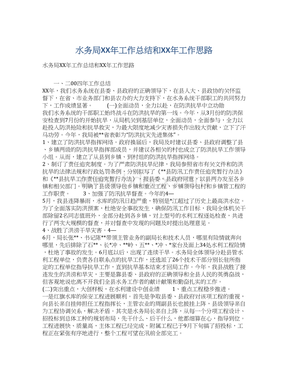 水务局XX年工作总结和XX年工作思路Word文档下载推荐.docx