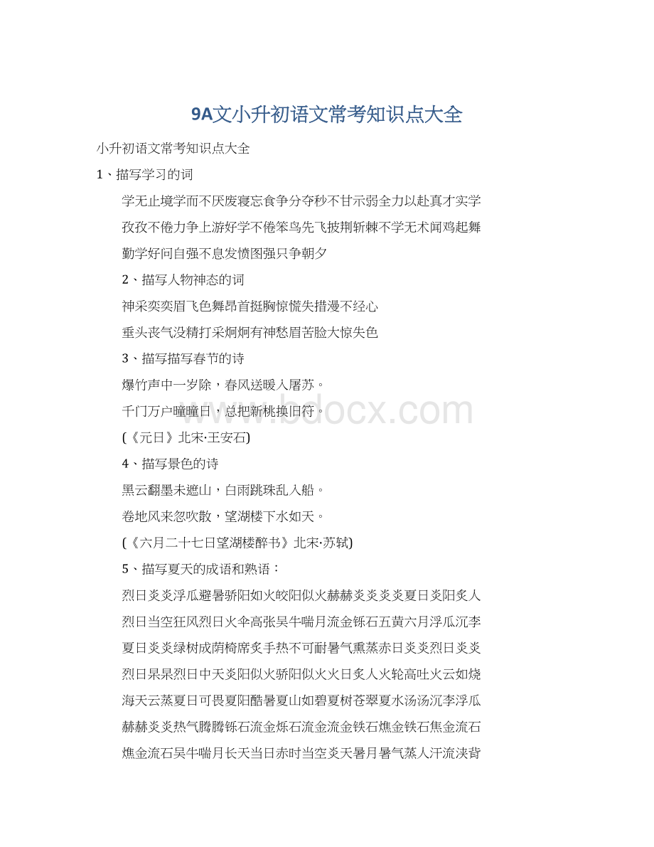 9A文小升初语文常考知识点大全.docx