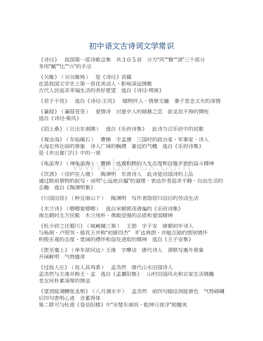 初中语文古诗词文学常识Word文档格式.docx