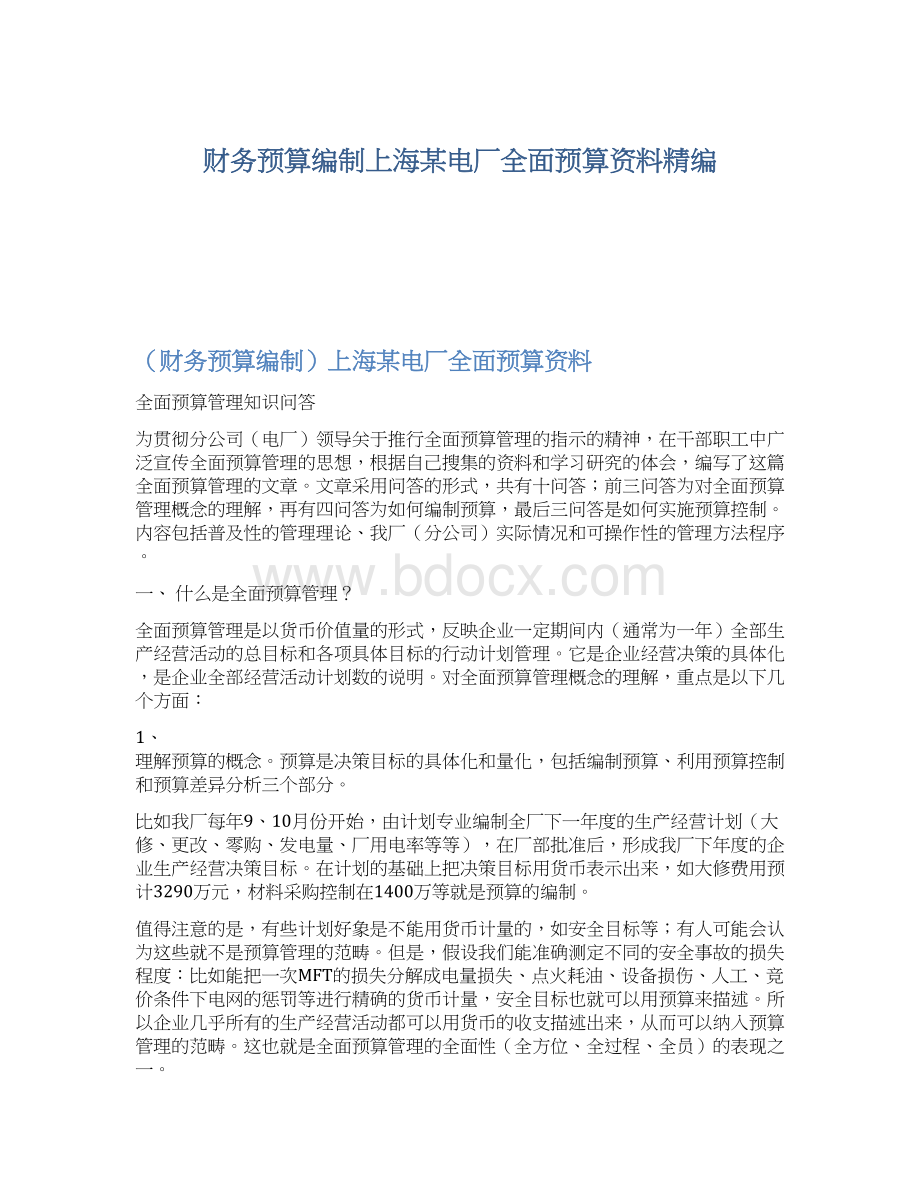 财务预算编制上海某电厂全面预算资料精编Word文档下载推荐.docx_第1页