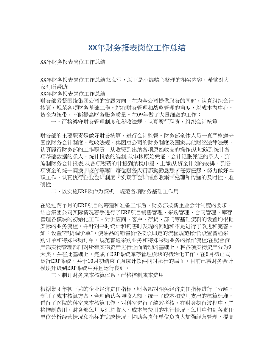 XX年财务报表岗位工作总结Word格式.docx