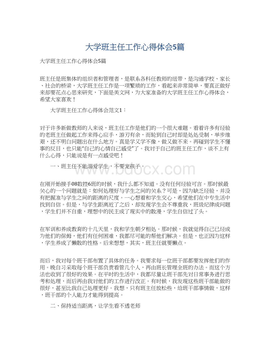 大学班主任工作心得体会5篇文档格式.docx_第1页