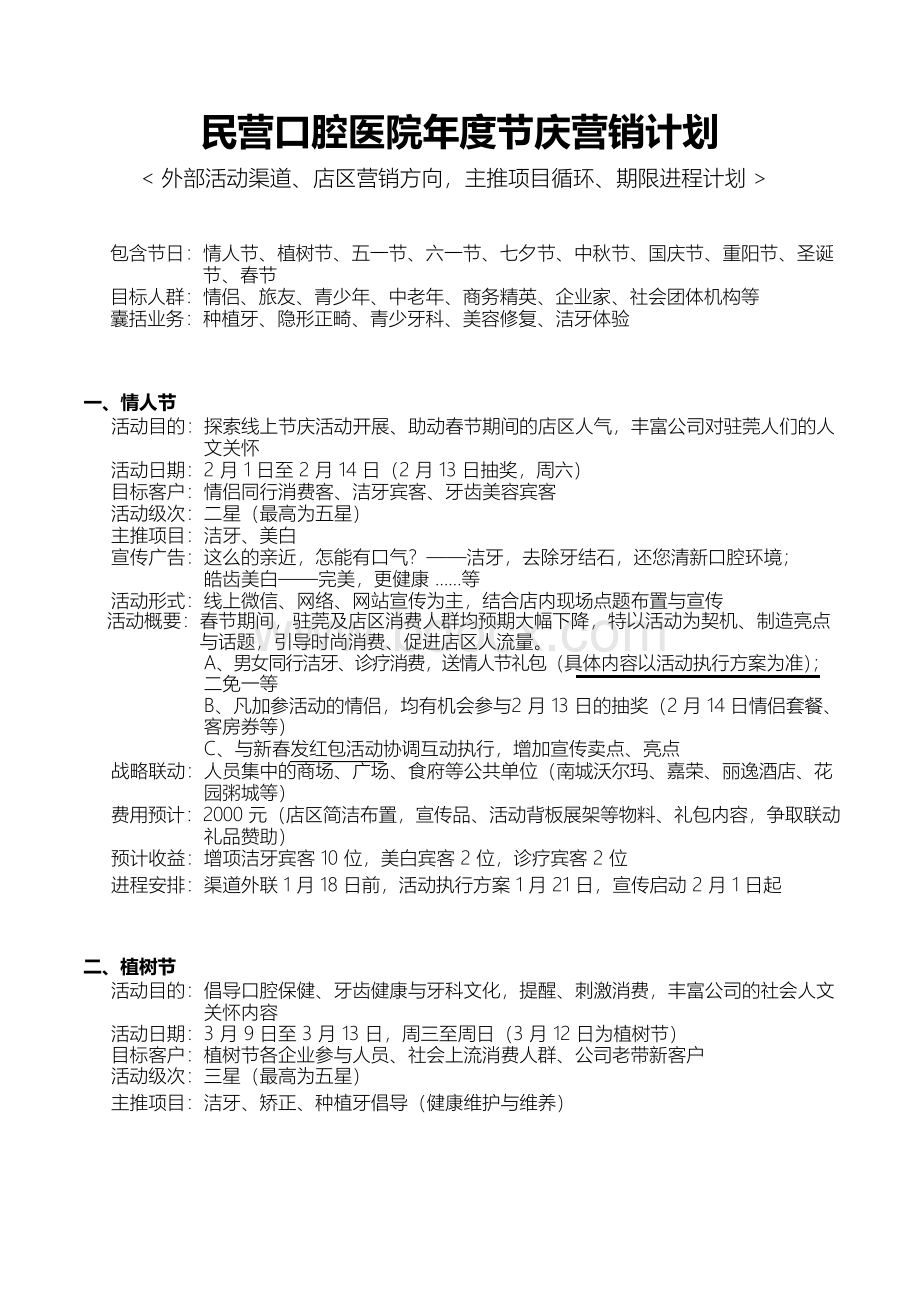 民营口腔医院年度节庆营销计划.docx_第1页