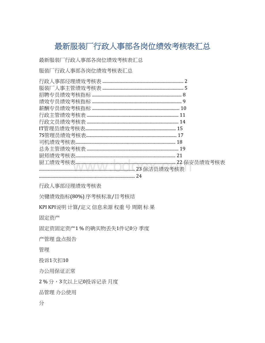 最新服装厂行政人事部各岗位绩效考核表汇总Word文档格式.docx