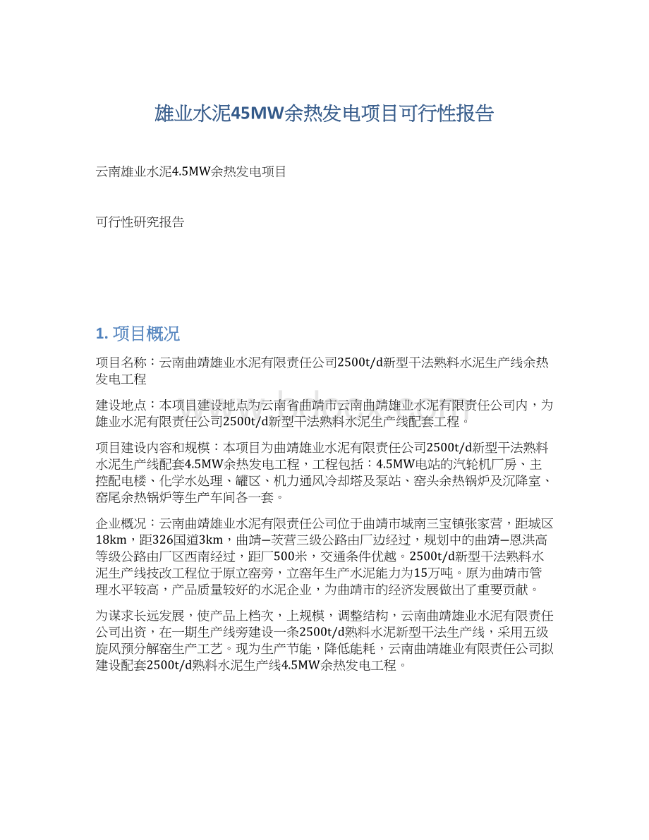 雄业水泥45MW余热发电项目可行性报告.docx