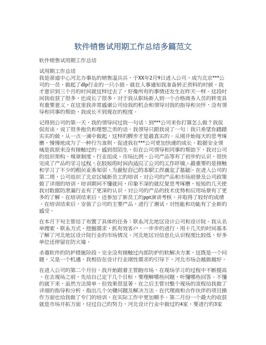 软件销售试用期工作总结多篇范文Word格式.docx_第1页