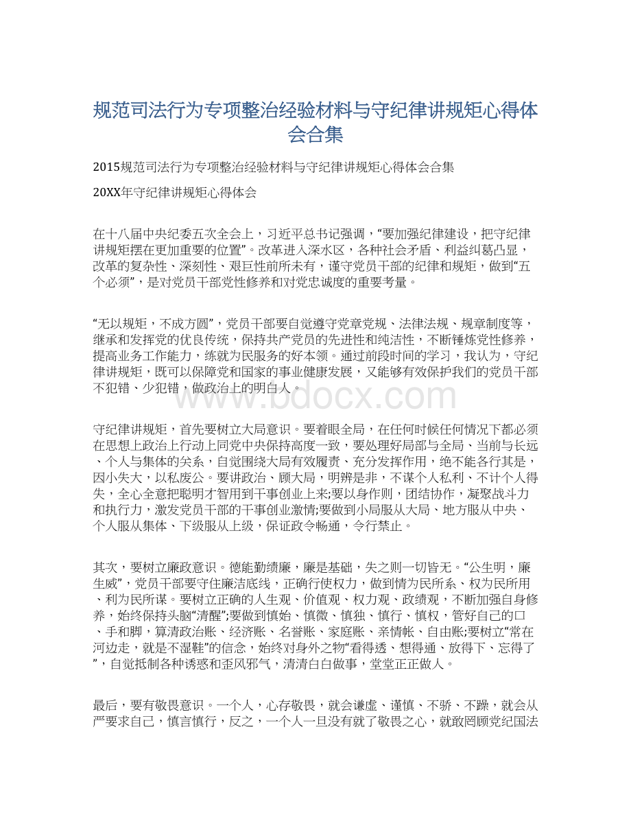 规范司法行为专项整治经验材料与守纪律讲规矩心得体会合集Word下载.docx_第1页