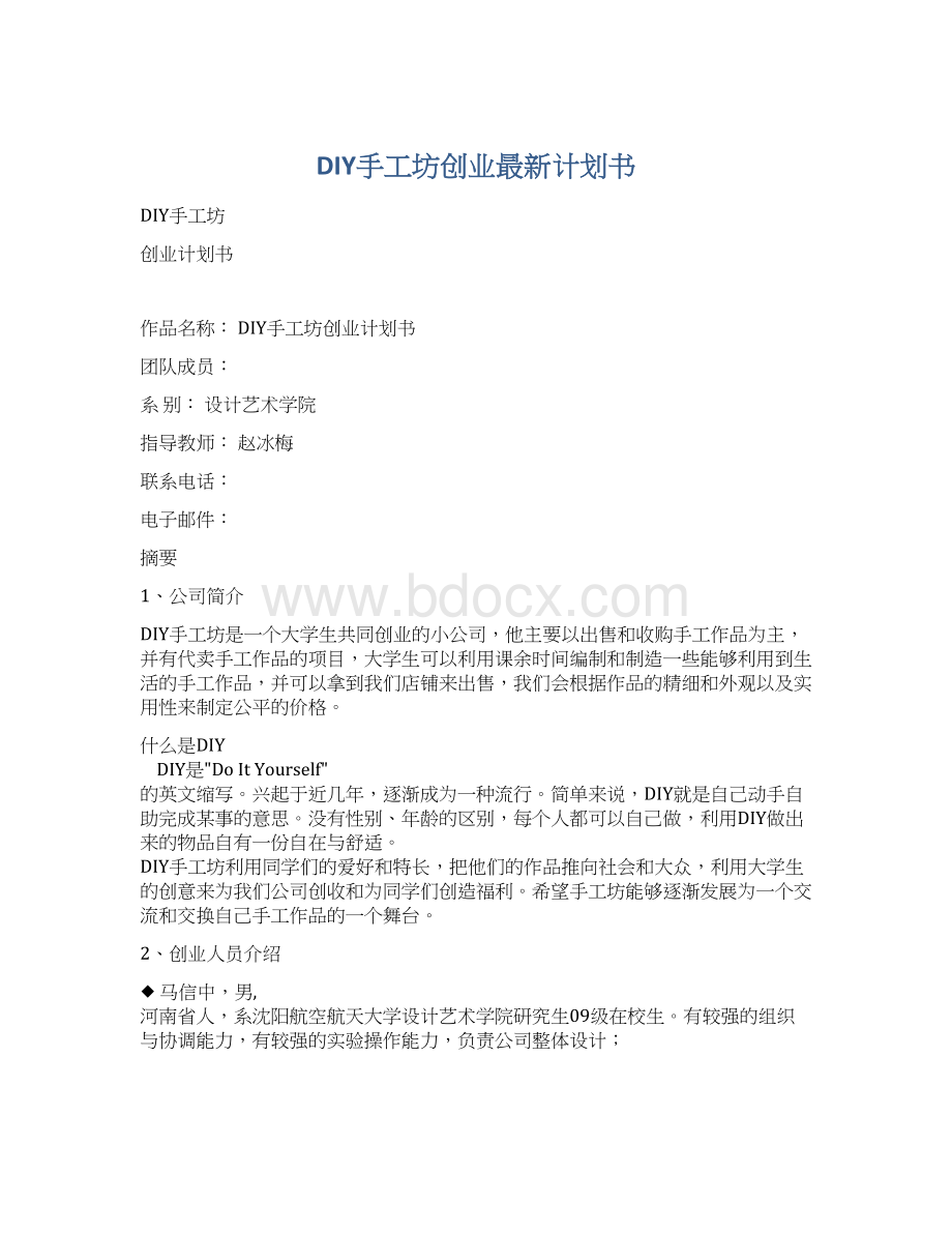 DIY手工坊创业最新计划书文档格式.docx_第1页