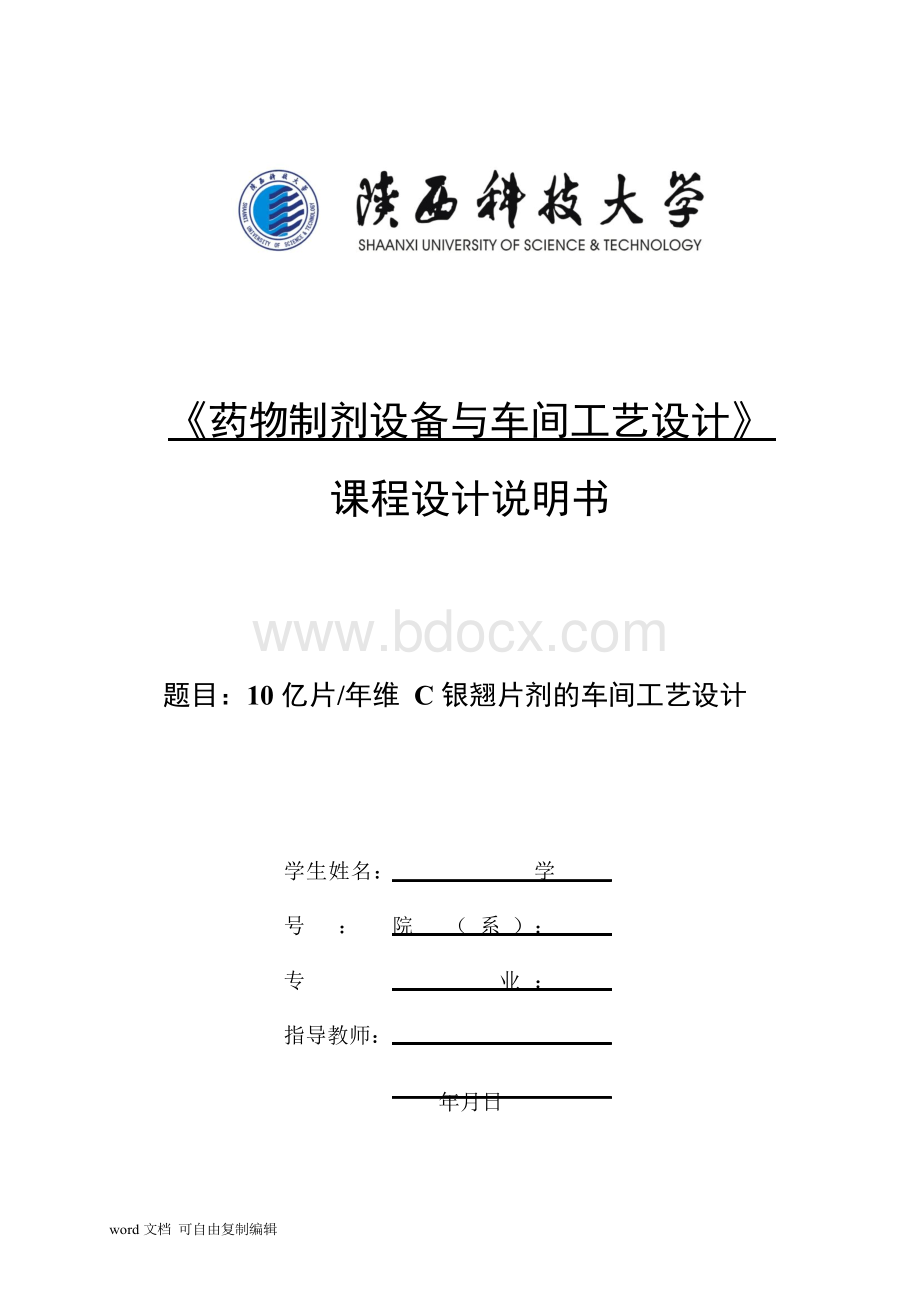 10亿片年维C银翘片剂的车间工艺设计.docx_第1页