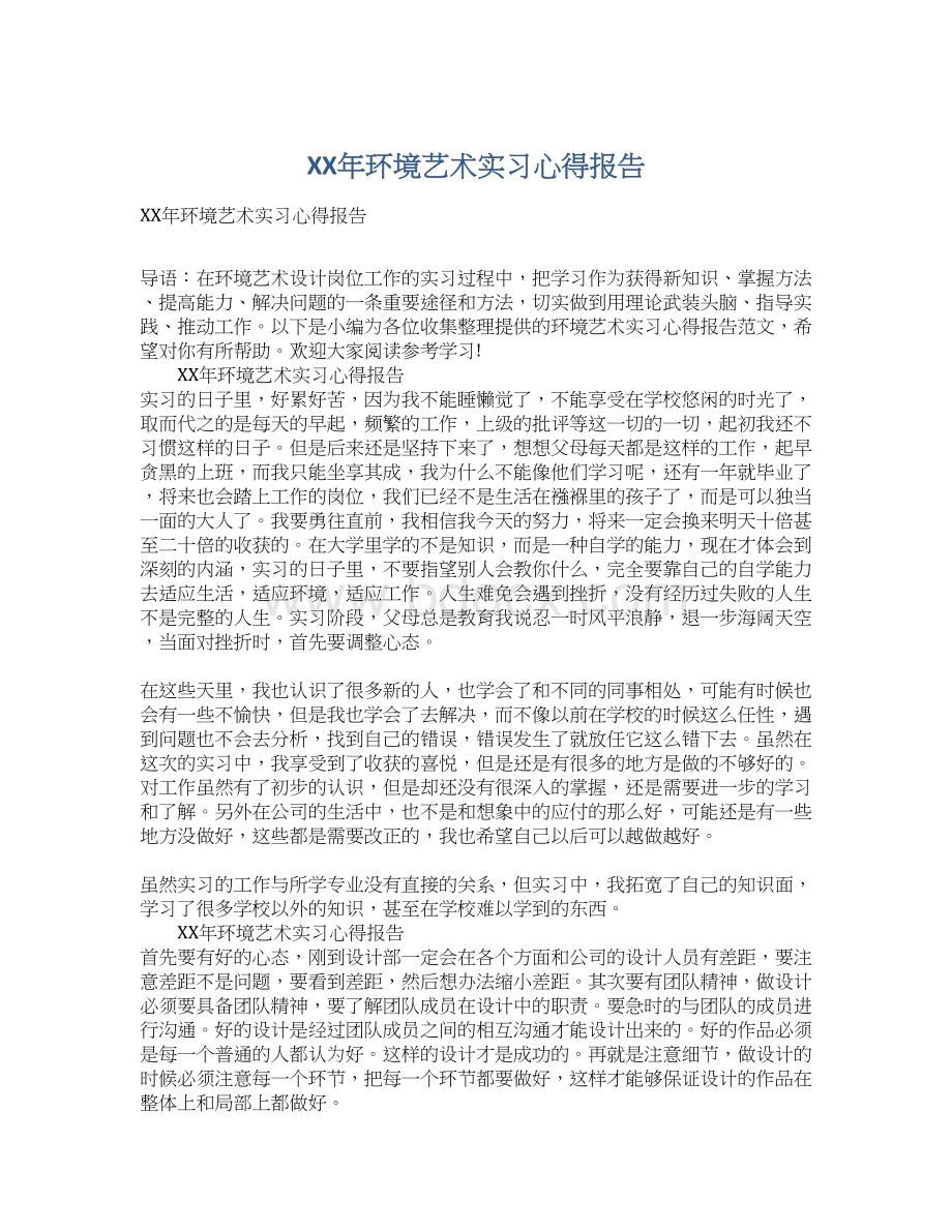 XX年环境艺术实习心得报告.docx