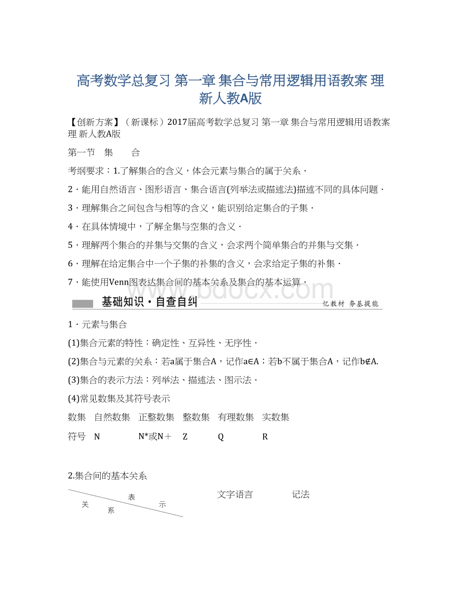 高考数学总复习 第一章 集合与常用逻辑用语教案 理 新人教A版.docx_第1页