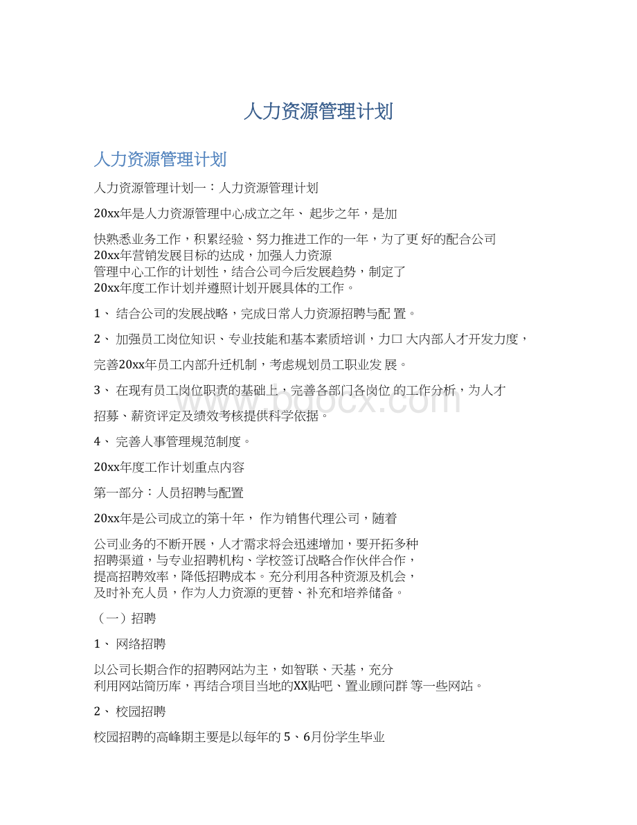 人力资源管理计划文档格式.docx