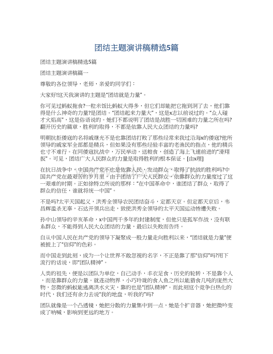 团结主题演讲稿精选5篇文档格式.docx