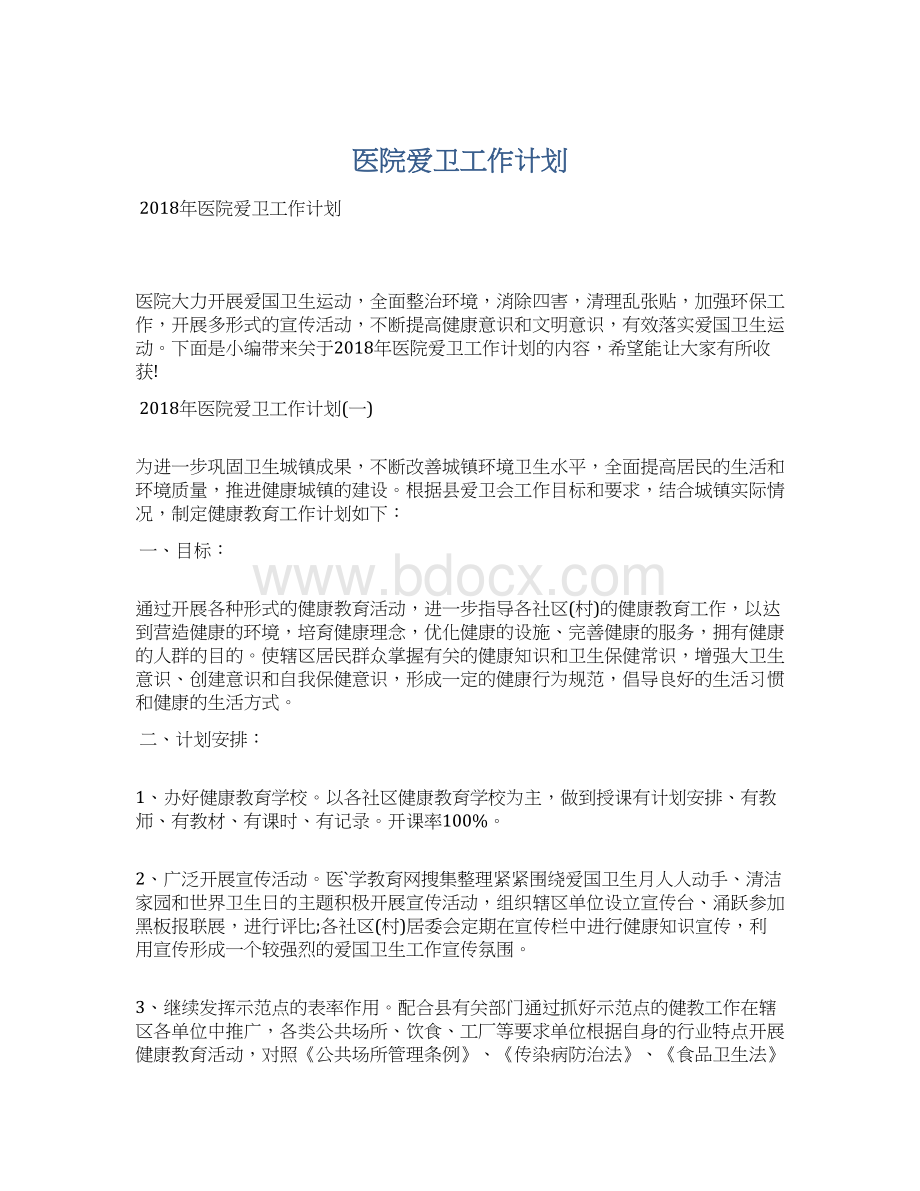 医院爱卫工作计划Word格式.docx