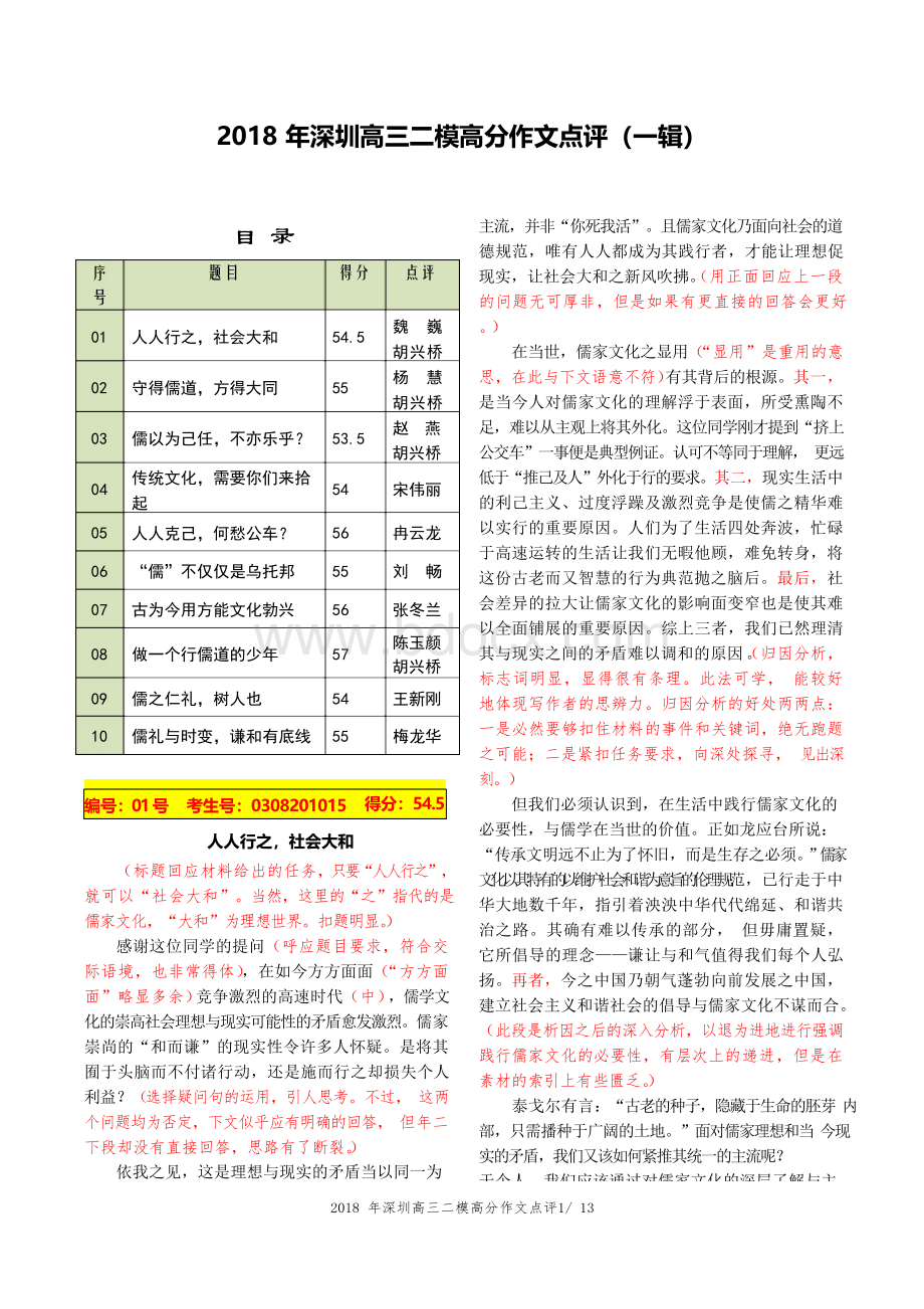 2018年深圳高三二模高分作文点评(一辑).docx