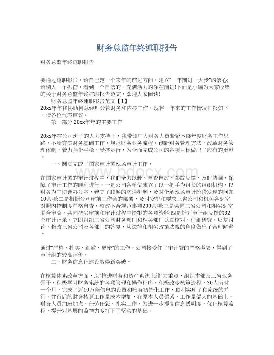 财务总监年终述职报告Word文档下载推荐.docx