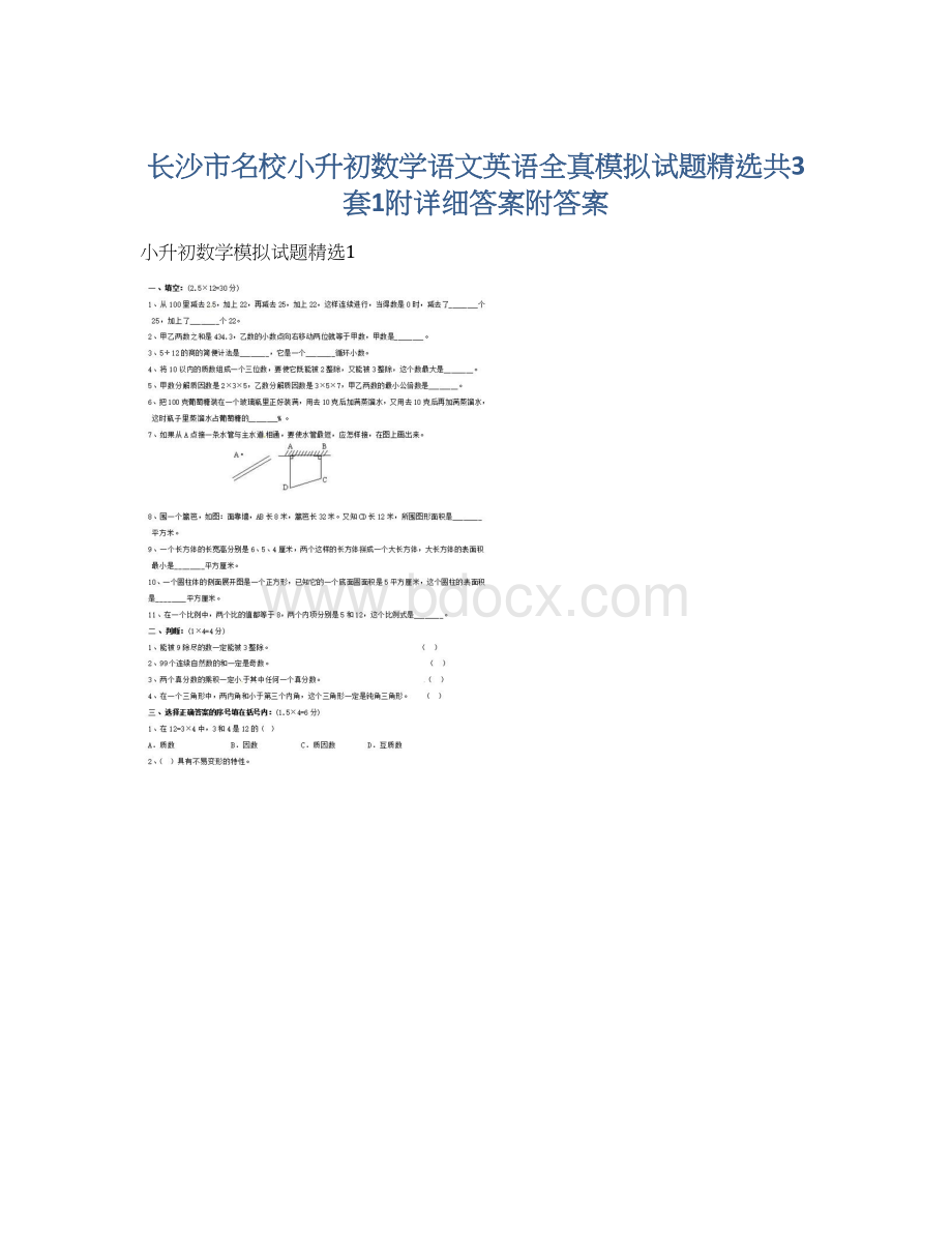 长沙市名校小升初数学语文英语全真模拟试题精选共3套1附详细答案附答案Word格式.docx_第1页