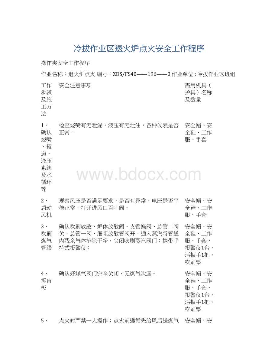 冷拔作业区退火炉点火安全工作程序Word文档下载推荐.docx_第1页