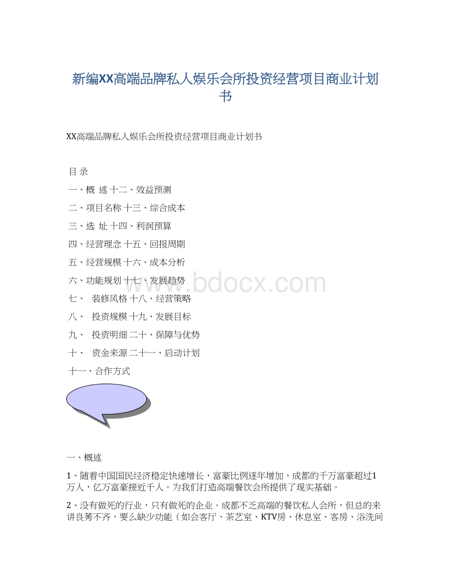 新编XX高端品牌私人娱乐会所投资经营项目商业计划书Word文档格式.docx