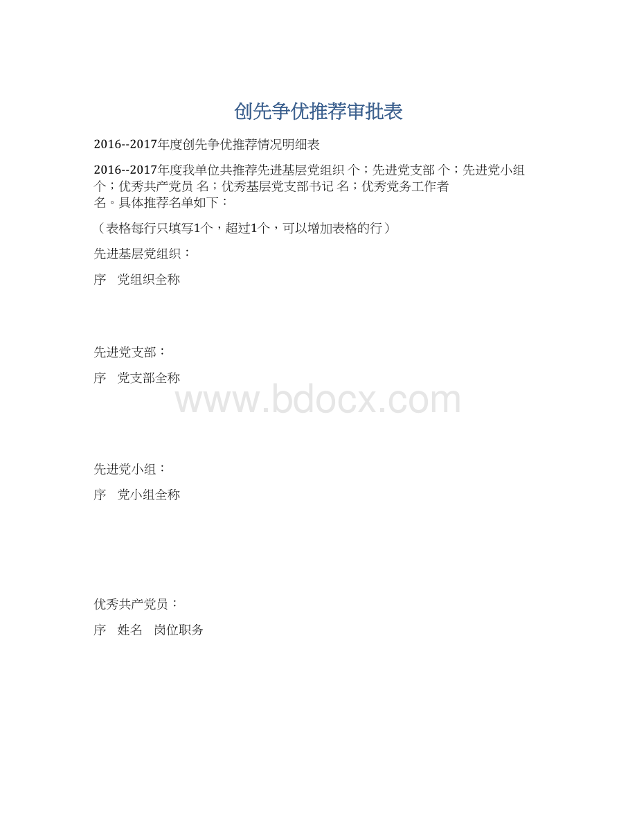 创先争优推荐审批表Word文档格式.docx