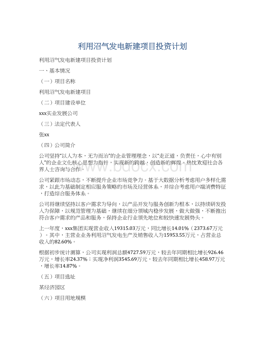 利用沼气发电新建项目投资计划Word下载.docx_第1页