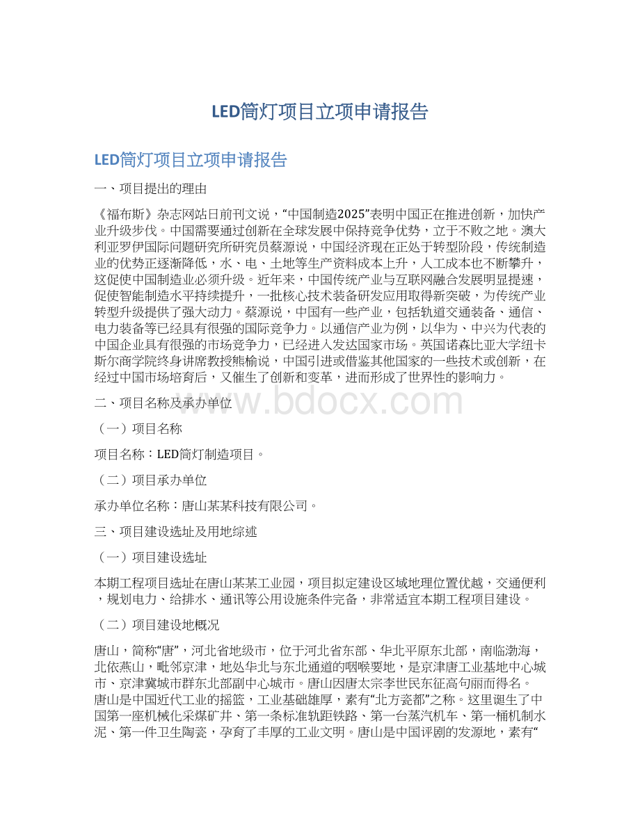 LED筒灯项目立项申请报告Word下载.docx