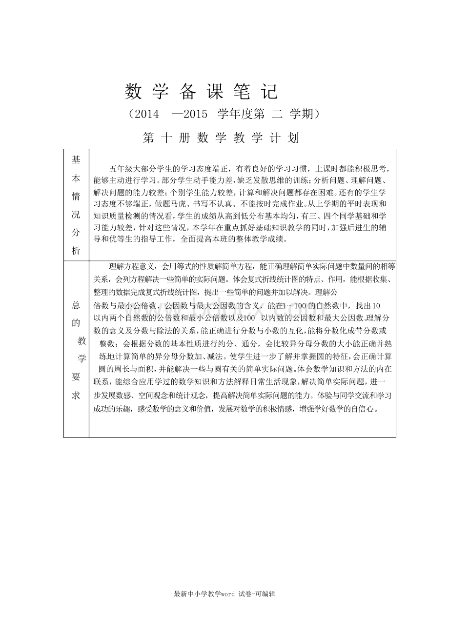 苏教版五年级数学下册教学计划(2015年最新).docx