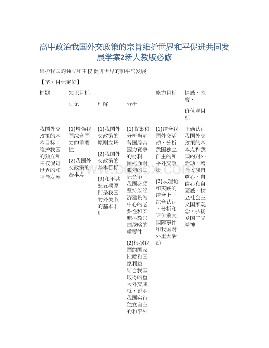 高中政治我国外交政策的宗旨维护世界和平促进共同发展学案2新人教版必修.docx