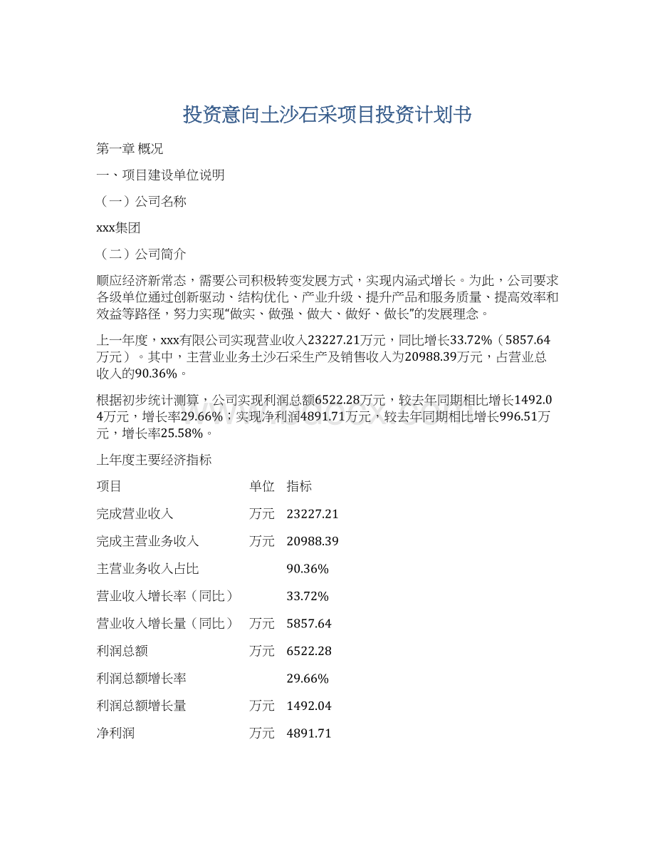 投资意向土沙石采项目投资计划书Word文件下载.docx_第1页