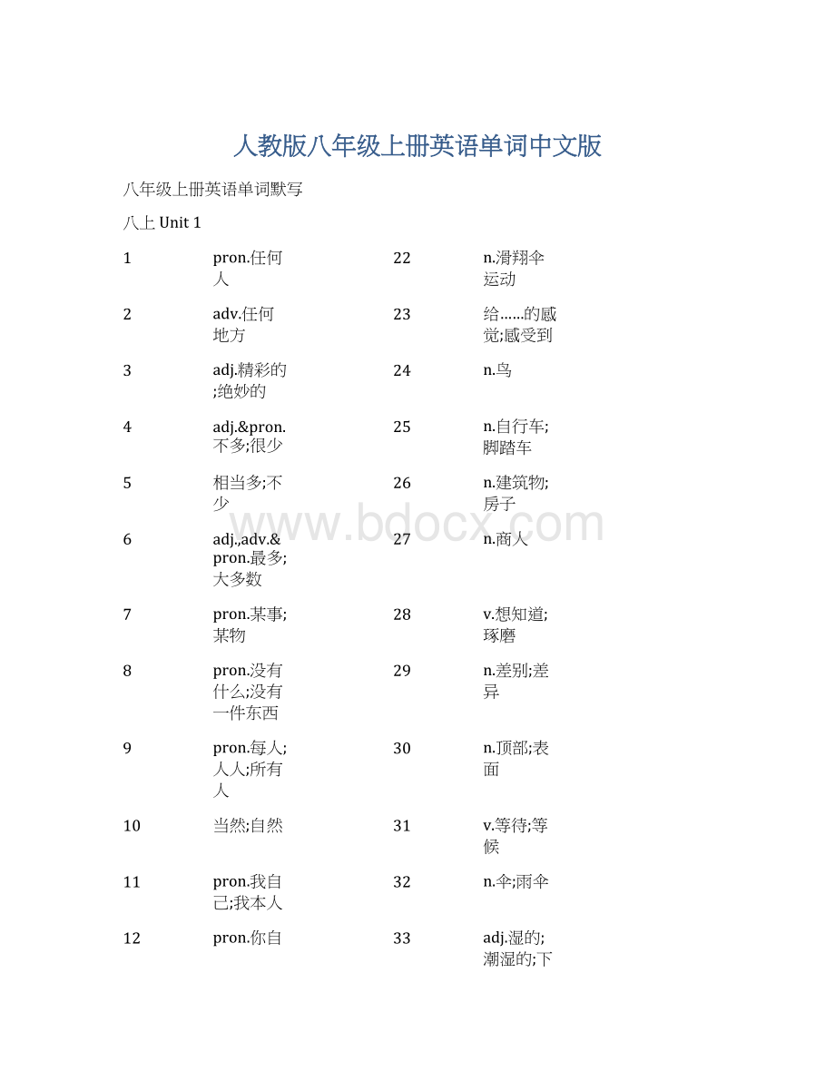 人教版八年级上册英语单词中文版Word格式.docx