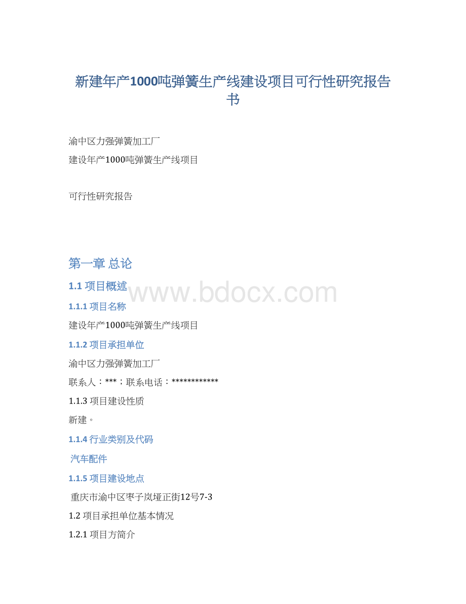 新建年产1000吨弹簧生产线建设项目可行性研究报告书文档格式.docx_第1页