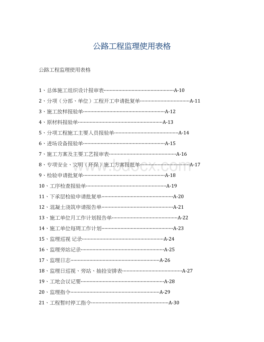 公路工程监理使用表格Word格式文档下载.docx_第1页