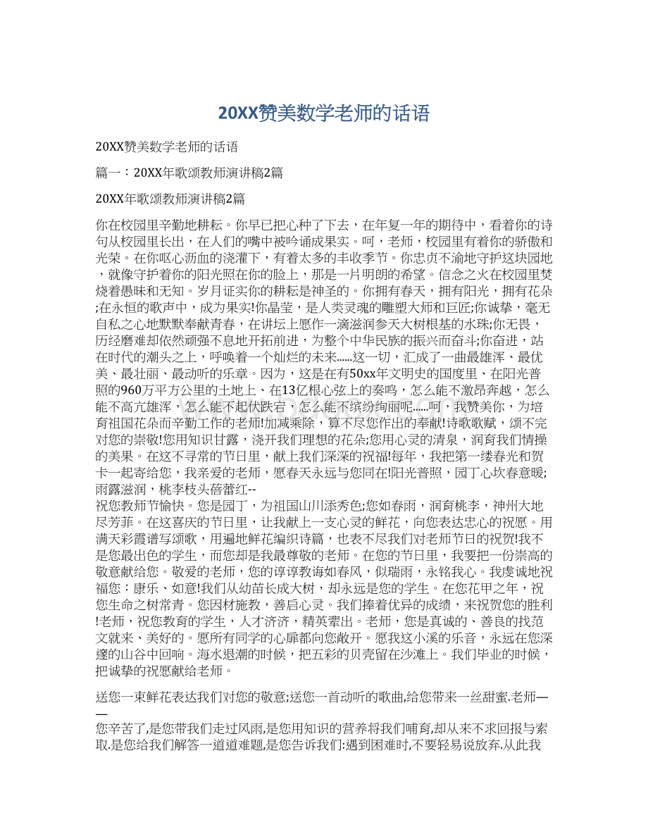 20XX赞美数学老师的话语Word文档下载推荐.docx_第1页