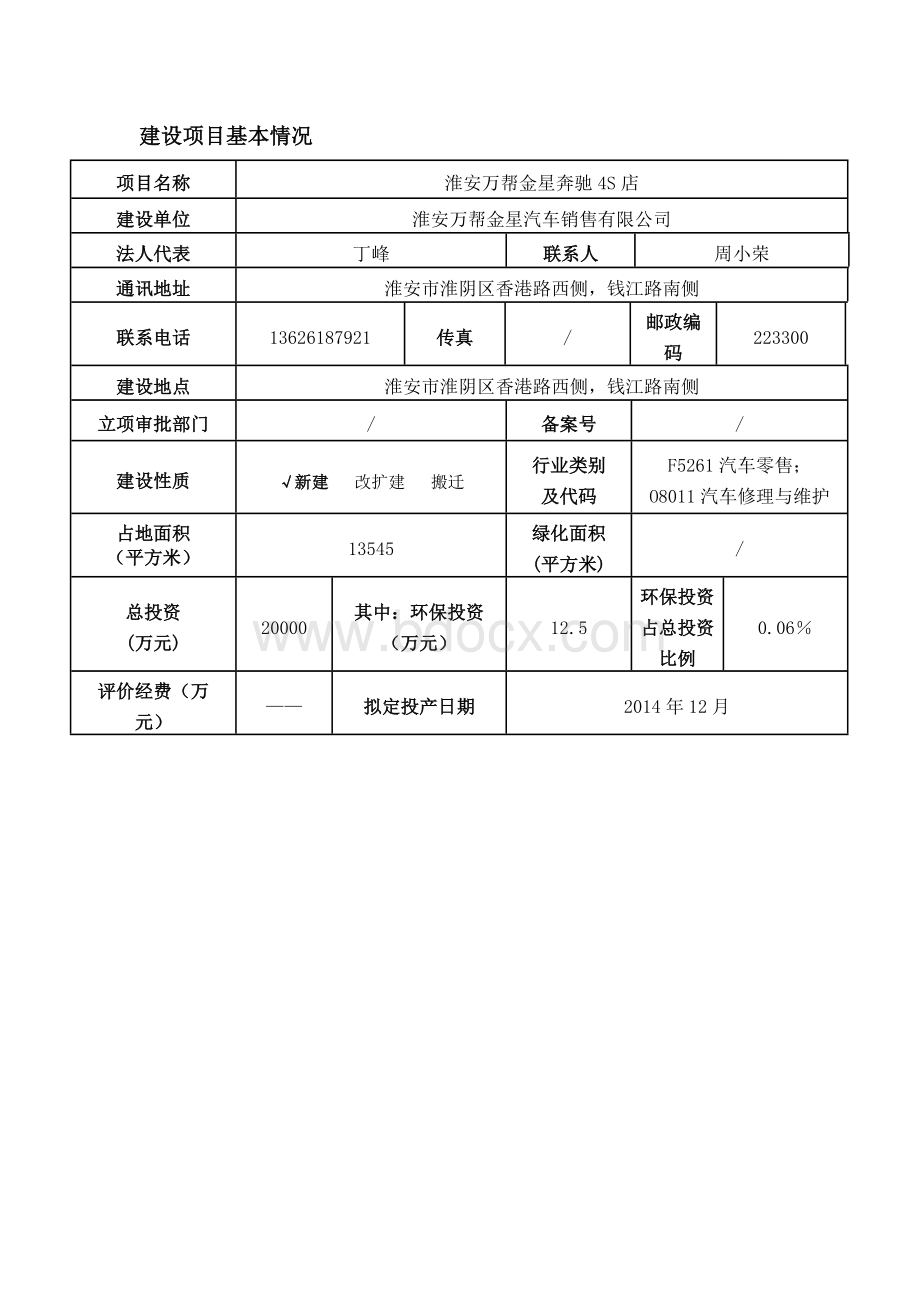 万帮金星奔驰4s店项目环境风险评估评价报告表.docx