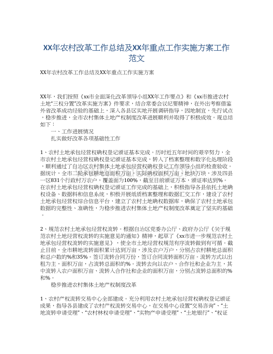 XX年农村改革工作总结及XX年重点工作实施方案工作范文文档格式.docx_第1页