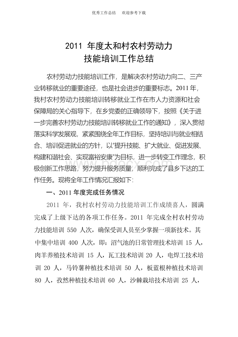 农村劳动力技能培训工作工作总结文档格式.docx