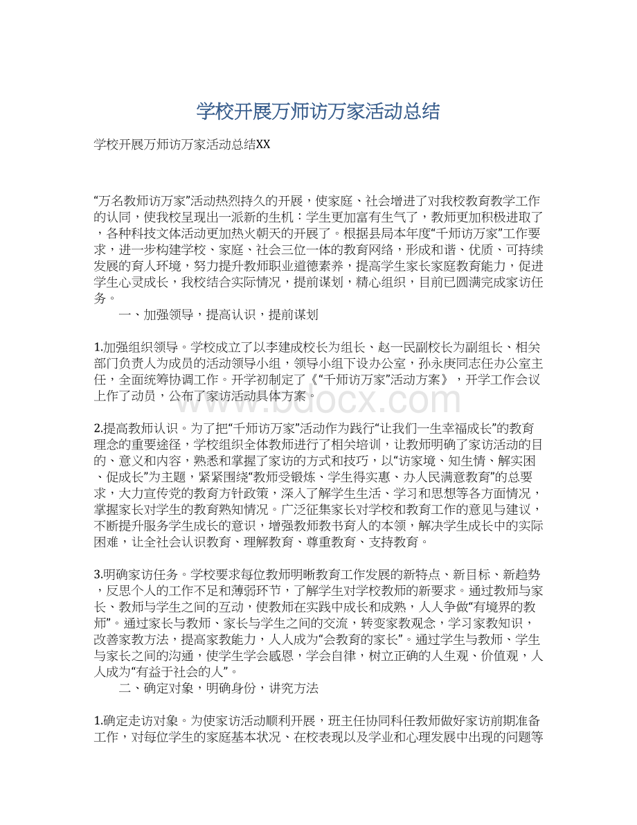 学校开展万师访万家活动总结文档格式.docx_第1页