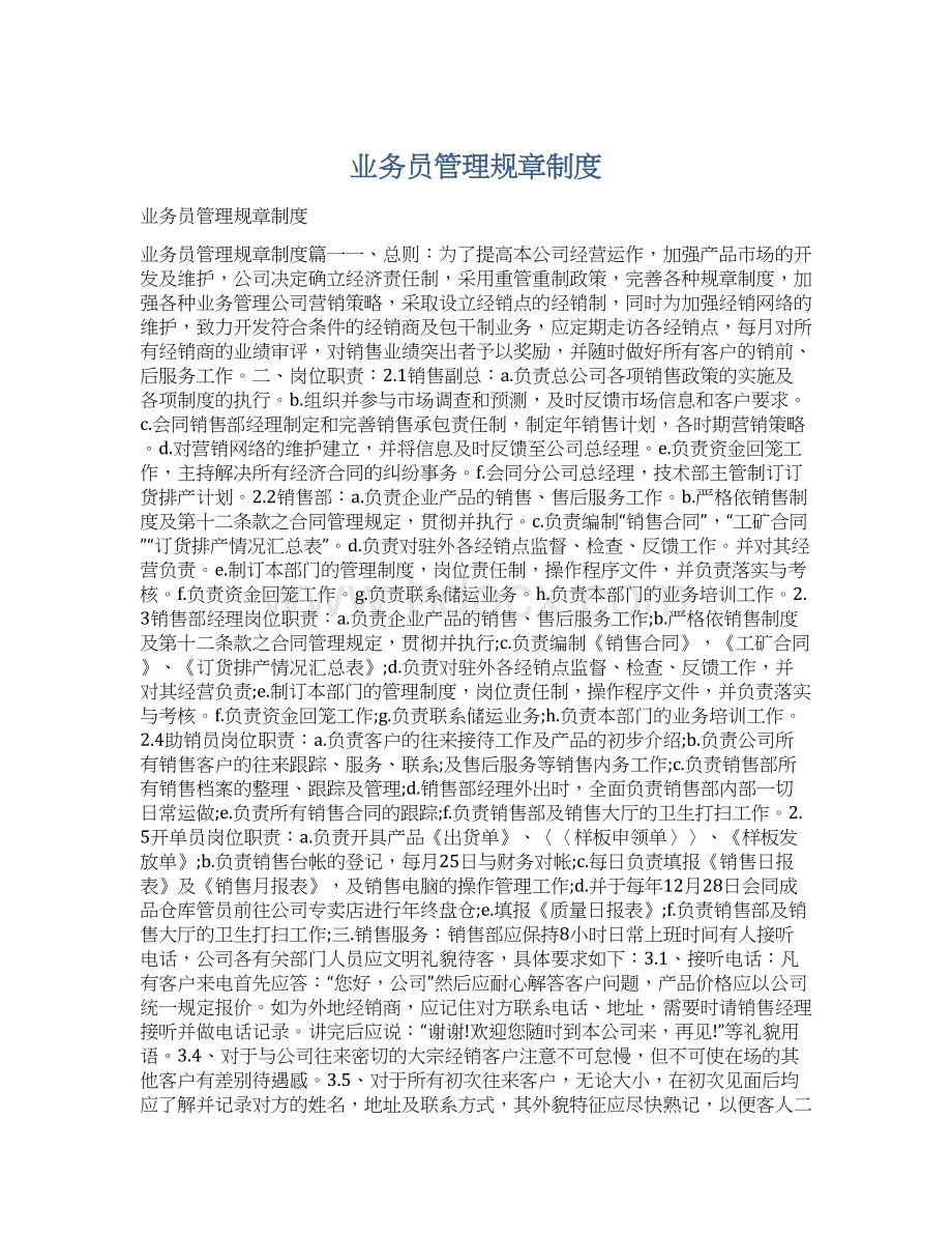 业务员管理规章制度Word格式文档下载.docx