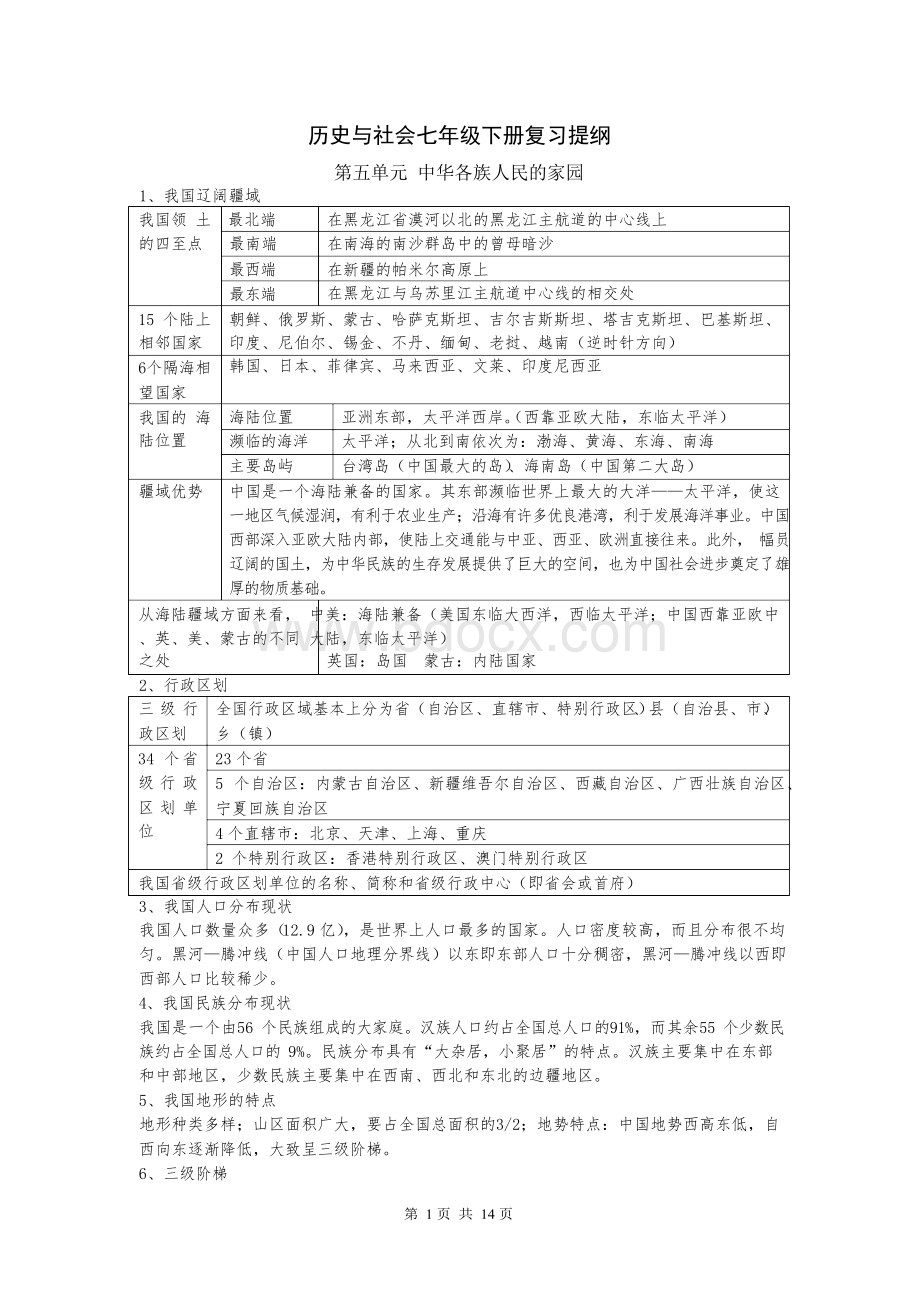 七年级下册历史与社会复习提纲(新人教版)Word格式文档下载.docx_第1页