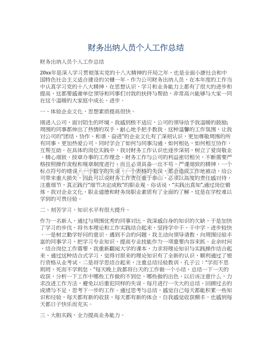 财务出纳人员个人工作总结Word文档下载推荐.docx_第1页