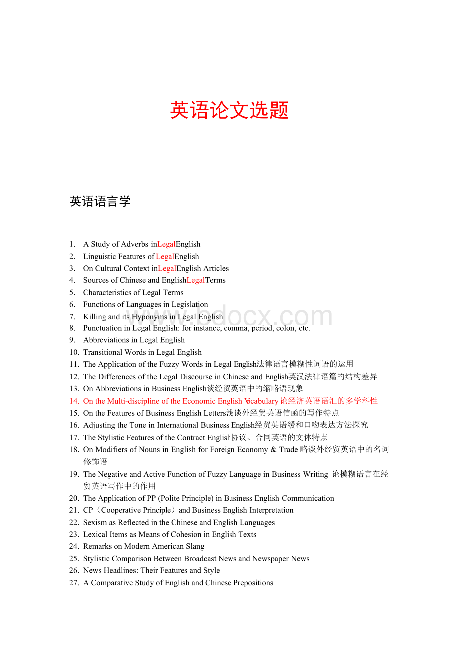 英语毕业论文选题(完整版)Word格式文档下载.docx