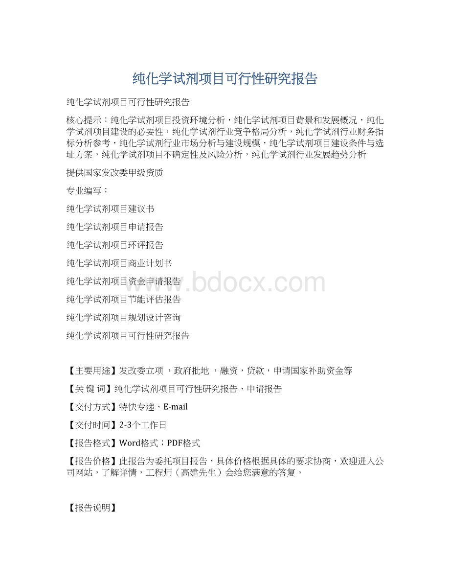 纯化学试剂项目可行性研究报告Word文档下载推荐.docx