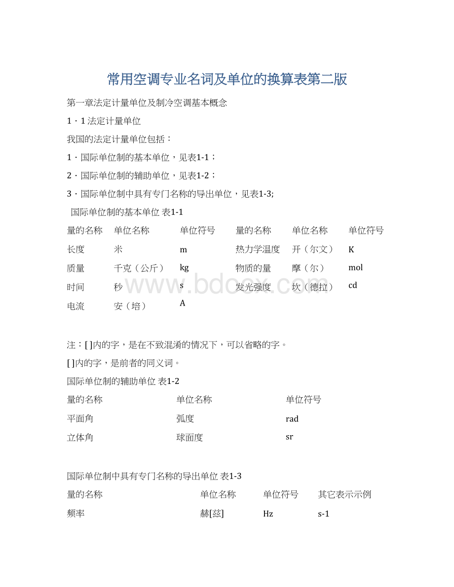 常用空调专业名词及单位的换算表第二版.docx_第1页