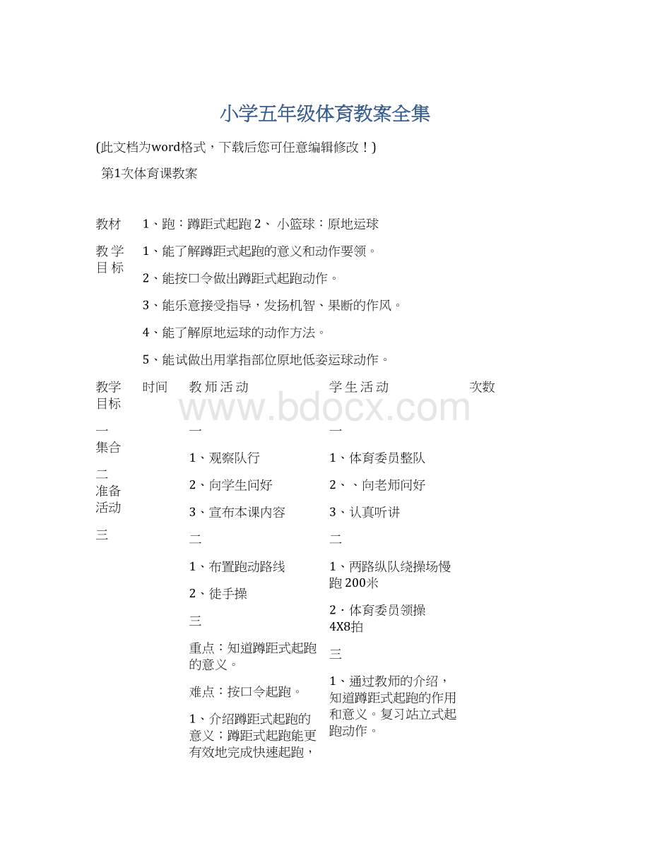 小学五年级体育教案全集.docx_第1页