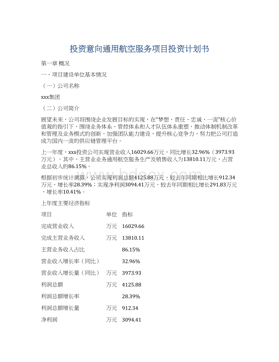 投资意向通用航空服务项目投资计划书Word格式.docx_第1页