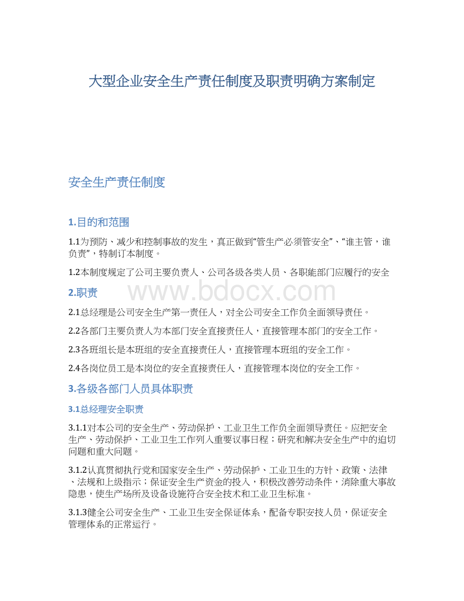 大型企业安全生产责任制度及职责明确方案制定Word格式.docx