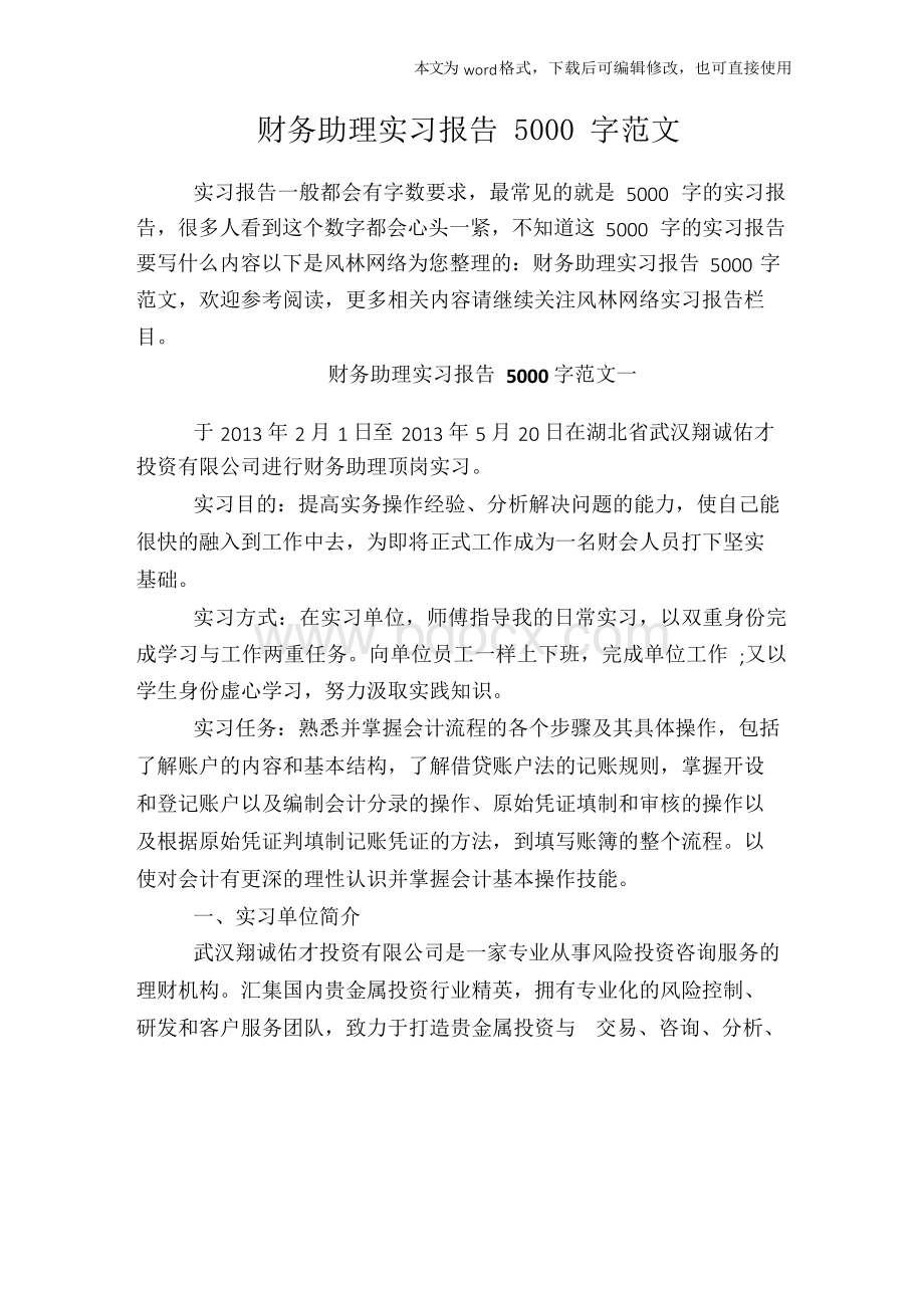 财务助理实习报告5000字范文文档格式.docx