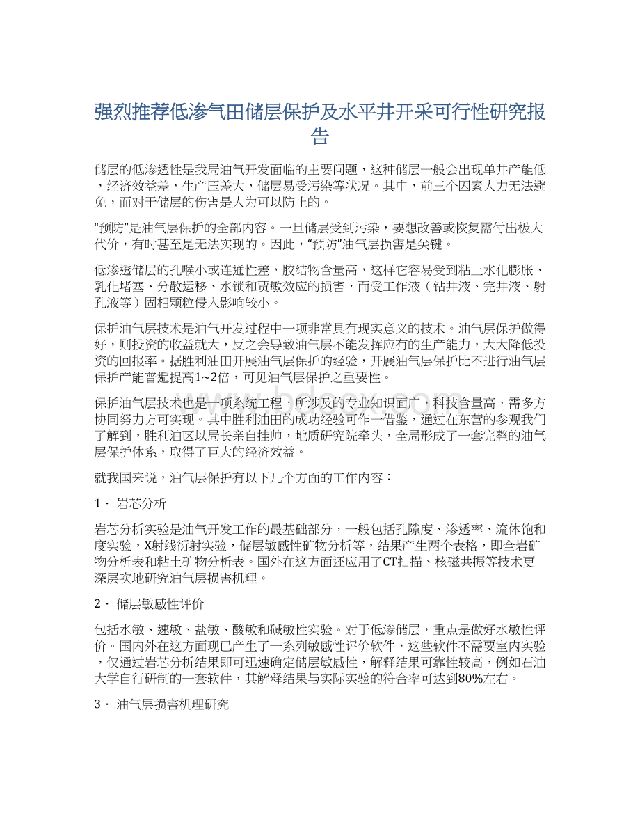 强烈推荐低渗气田储层保护及水平井开采可行性研究报告文档格式.docx_第1页